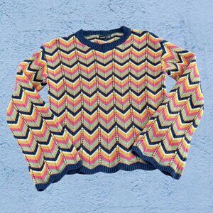 Shein Flare Long Sleeve Open Knit Chevron Crew Neck Crop Sweater